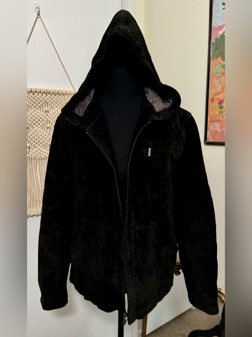 Women's Black Hooded Suede-Look Leather Jacket